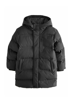 Schwarze gepolsterte Jacke mit Kapuze, ausgestattet mit einer Reißverschluss-Brusttasche, seitlichen Taschen und gerippten Bündchen. Glatte, matte Stoffstruktur.
