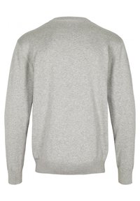 Pull gris à col rond en tissu tricoté doux. Comprend des manches longues ainsi que des poignets et un ourlet côtelés. Design minimaliste sans motifs visibles.