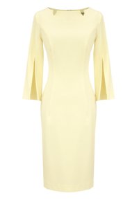 Żółta dopasowana sukienka z rękawami o długości trzech kwartałów, z okrągłym dekoltem i bocznymi rozporkami. Gładki materiał o minimalistycznym wzornictwie bez wzorów.