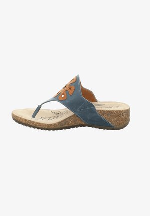 Blue leather thong sandal with a brown floral accent, textured cork sole, and a cushioned insole featuring a simple line drawing pattern.