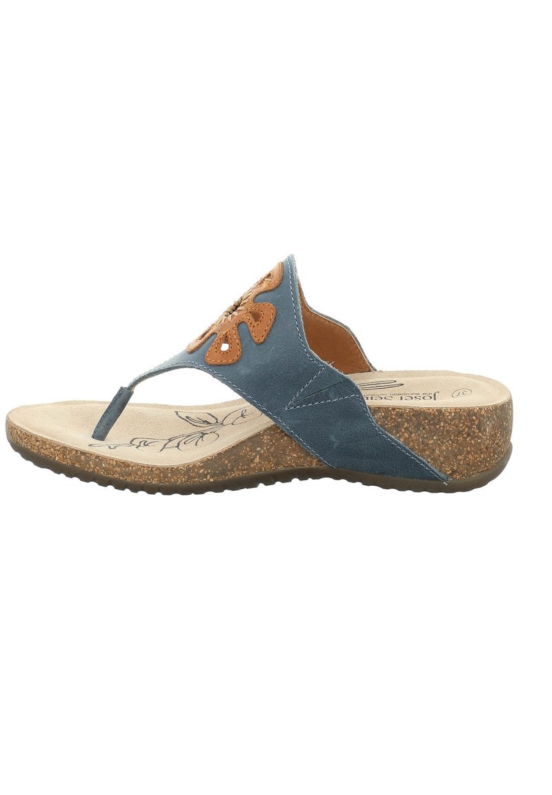 Blue leather thong sandal with a brown floral accent, textured cork sole, and a cushioned insole featuring a simple line drawing pattern.
