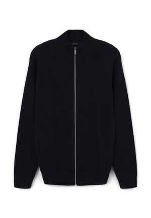 Cardigan zip-up navy in tessuto a maglia testurizzato, con colletto alto e due tasche frontali. Polsini e orlo a coste continui.