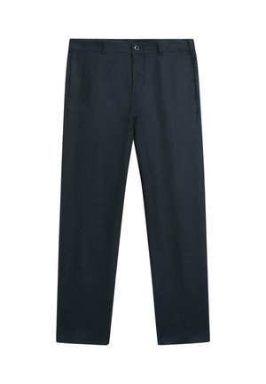 Pantalon noir droit pour femme avec fermeture par bouton et fermeture éclair, passants pour ceinture et poches latérales, présenté à plat sur fond blanc.