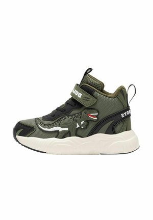 Sneaker alto verde con accenti neri, tomaia in rete testurizzata, dettaglio grafico di un dinosauro e strap in Velcro; suola robusta in gomma bianca.