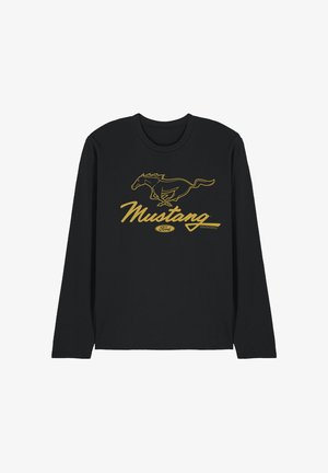 Black long-sleeve shirt featuring a gold running mustang horse outline above the word "Mustang" and a small Ford logo beneath.