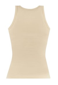 Beige enganierter Tanktop mit rundem Halsausschnitt und breiten Trägern, aus glattem Material gefertigt. Verfügt über einen nahtlosen Rücken und keine sichtbaren Nähte.