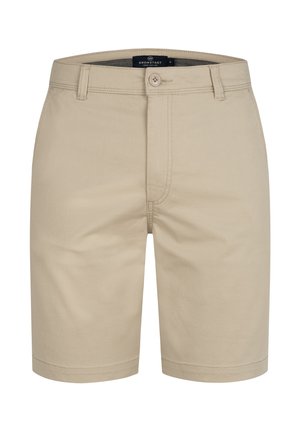 Beige katoenen shorts met een knoopsluiting, riemlussen en een vlakke voorkant. Beschikt over nette stiksels en een recht gesneden pasvorm.