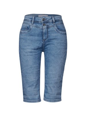 Shorts en denim bleu clair avec une taille mi-haute, deux poches avant et une fermeture à double bouton. Bords ourlés avec une coupe droite.