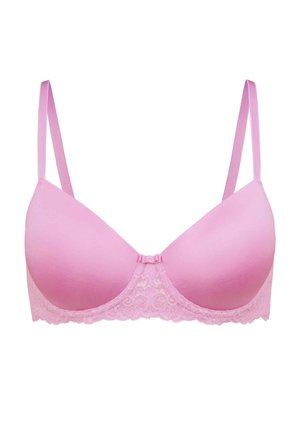 Pink bra with molded cups, lace trim, and adjustable straps. Features a smooth front and intricate lace detailing along the band.