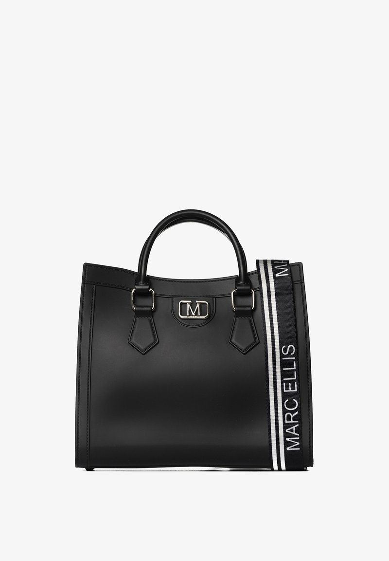 Zwarte gestructureerde handtas van glad materiaal, met dubbele handvaten, zilveren hardware en een gestreepte schouderriem met de tekst "MARC ELLIS."