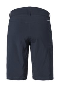 Marineblaue Shorts mit glatter Textur und verstärkten Nähten. Verfügt über eine Gesäßtasche und Gürtelschlaufen. Einfaches Design, das sich für den Einsatz im Freien eignet.