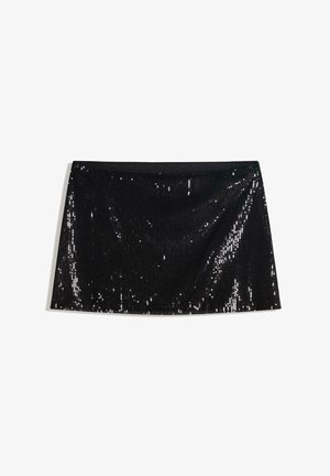 Black mini skirt with a sequin design, featuring a smooth texture and fitted cut. The fabric reflects light, creating a shimmering effect.