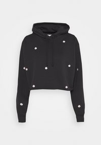 Schwarzer, kurz geschnittener Hoodie aus Baumwolle mit mehrfarbiger Gänseblümchen-Stickerei auf Vorderseite und Ärmeln. Verstellbare Kapuze mit Kordelzug.