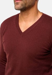 Burgunderfarbenes V-Ausschnitt-Pullover aus weichem, strukturiertem Strick, mit einer taillierten Silhouette und gerippten Bündchen, die das glatte Finish betonen.