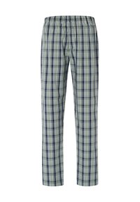 Geruite pyjamabroek in groen, marineblauw en wit, met een elastische tailleband en een losse pasvorm, gemaakt van een lichte katoenmix.