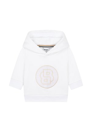 Sweat-shirt à capuche blanc arborant un logo doré brodé dans un cercle. Manches courtes et ourlet côtelé. Fabriqué en tissu doux.