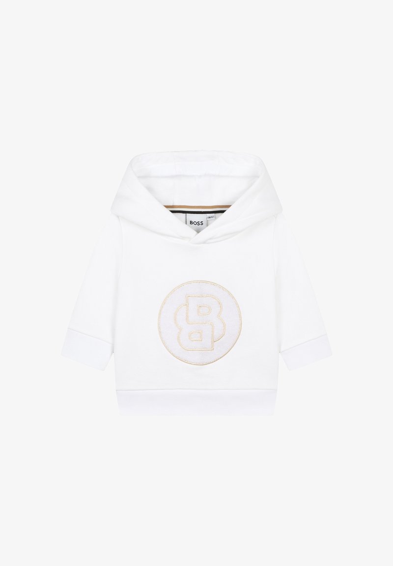 Sweat-shirt à capuche blanc arborant un logo doré brodé dans un cercle. Manches courtes et ourlet côtelé. Fabriqué en tissu doux.