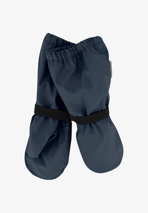 Voděodolné rukavice tmavě modré barvy, s elastickým stahovacím lemem a nastavitelným černým páskem pro pevné uchycení. Hladká textura, bez vzorů.