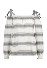 Vit off-shoulder blus med grå horisontella ränder, puffärmar och snörningar. Har en rynkad halsringning och elastiska manschetter.