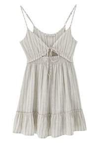 Vestido mini beige con finas rayas verticales, tirantes de spagueti ajustables, detalle de lazo en el frente, cintura fruncida y bajo con volantes.