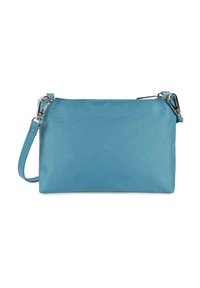 Borsa clutch azzurro chiaro con superficie liscia e testurizzata, chiusura superiore con cerniera e tracolla staccabile. Presenta dettagli in metallo argentato.