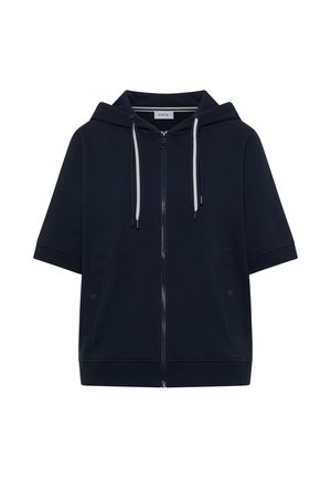 Felpa con cappuccio blu navy a maniche corte con zip, tasche frontali, coulisse e orlo e polsini a coste.