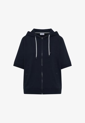 Marineblauer Kurzarm-Kapuzenpulli mit Reißverschluss, Fronttaschen, Kordelzug sowie geripptem Saum und Bündchen.