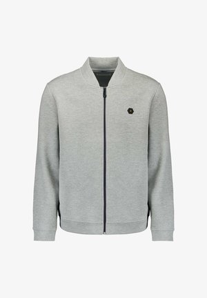 Grijze ritsvest gemaakt van zachte stof, met een opstaande kraag, ribgebreide manchetten en een zwart hexagonaal logo op de linkerborst.