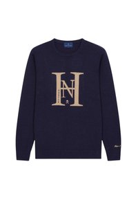 Suéter de punto azul marino con cuello redondo, que presenta un diseño de logo beige. Puños y dobladillo acanalados, textura suave y estilo minimalista.