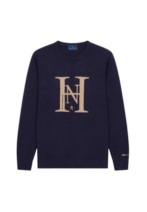 Navyblaues Strickpullover mit Rundhalsausschnitt, der ein beiges Logo-Design zeigt. Gerippte Bündchen und Saum, weiche Textur und minimalistischer Stil.