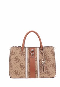 Bolso marrón con un patrón, con rayas en tonos beige y blanco. Presenta un logo plateado, asas superiores y un charm desmontable. Tejido texturizado.