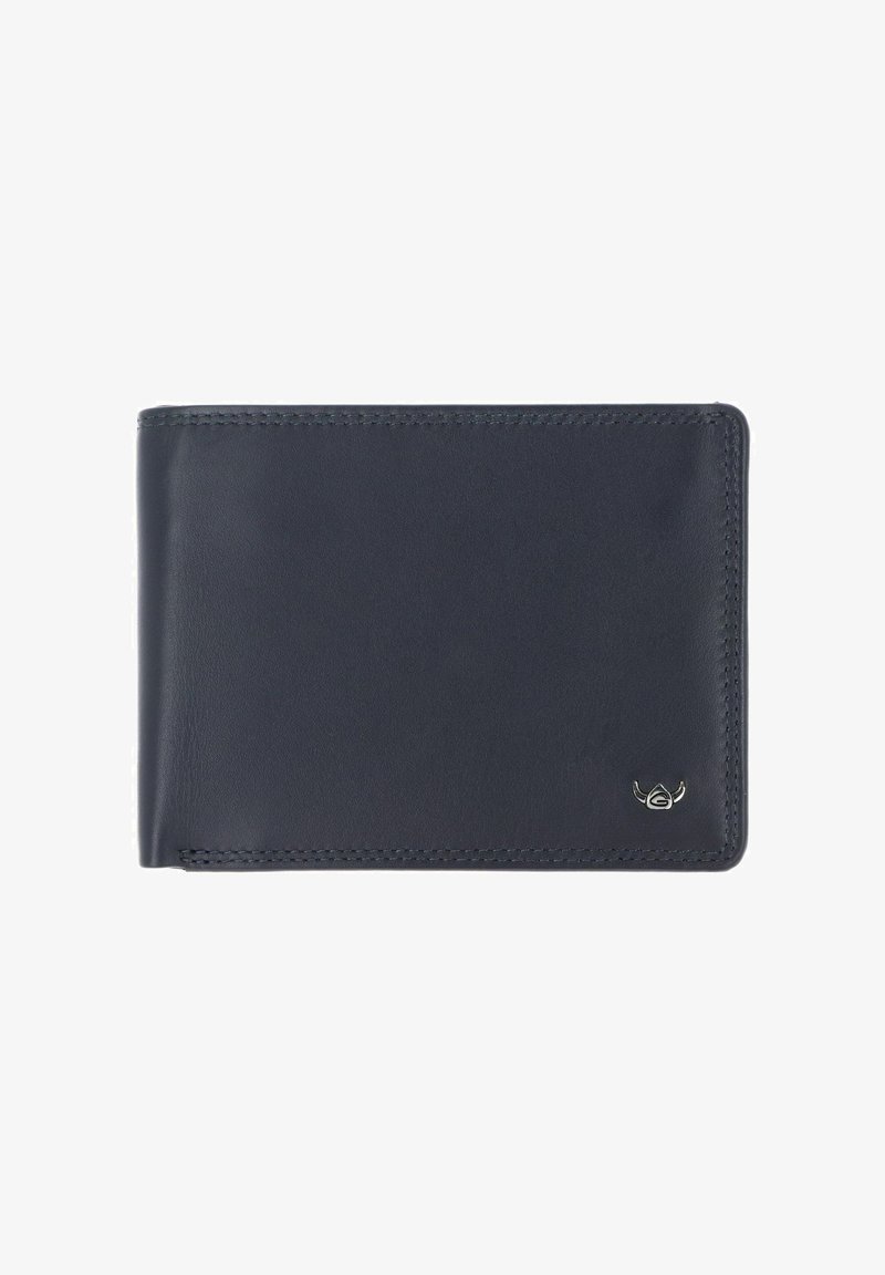 Portefeuille bi-fold en cuir bleu foncé avec coutures visibles et petit emblème logo argenté dans le coin inférieur droit sur fond blanc.