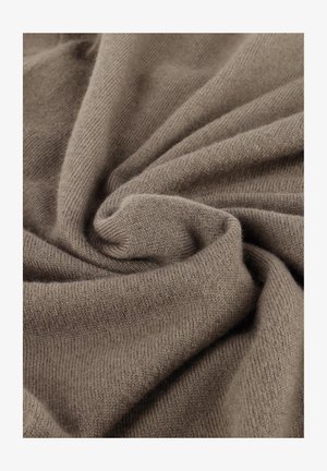 Lichtbruin gebreide stof met een zachte, gladde textuur, die een spiraalpatroon en een iets dikke, gezellige uitstraling toont.