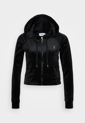 Black zip-up hooded jacket made of soft velour material. Features front pockets, drawstrings, and a small logo on the chest.
