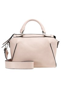 Lichtroze leren handtas met gestructureerd ontwerp, dubbele handgrepen, afneembare schouderriem, zwarte accenten en een gestructureerd oppervlak.