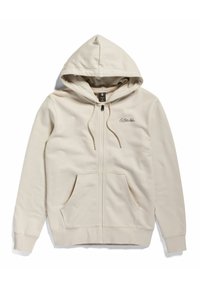 Felpa con zip beige realizzata in morbido cotone, con cappuccio regolabile, due tasche frontali e un logo nella zona sinistra del petto.