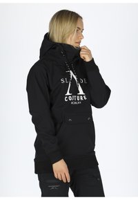 Black hoodie with a kangaroo pocket, drawstring hood, and white logo print on the front. Fabric appears smooth, with ribbed cuffs.