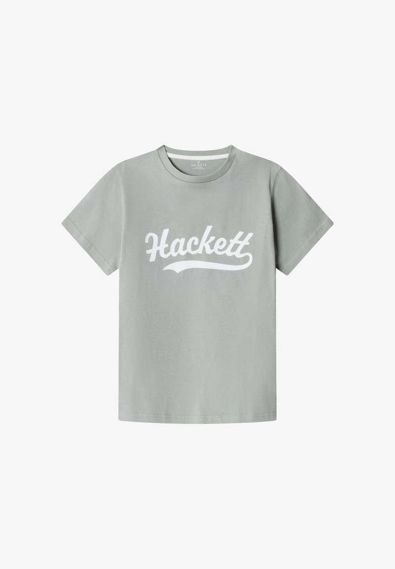 Hellgraues Baumwoll-T-Shirt mit einem weißen "Hackett"-Logo in Kursivschrift. Kurzärmlig und mit Rundhalsausschnitt. Glatte Textur. Keine Muster.