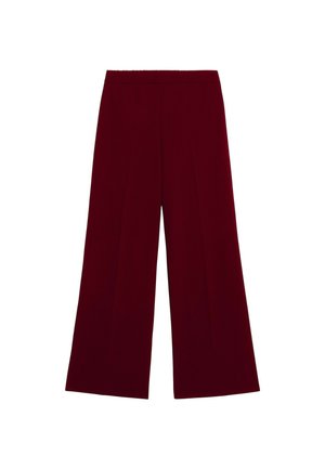 Bordeaux wijde broek met een gladde textuur, voorzien van plooien aan de voorkant, een hoge tailleband en een enkellange pasvorm.