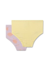 Baumwollunterwäsche-Set mit einem einfarbigen gelben Paar und einem lavendelfarbenen Paar mit orangefarbenen Hundesilhouetten. Elastischer Bund, klassisches Slip-Design.
