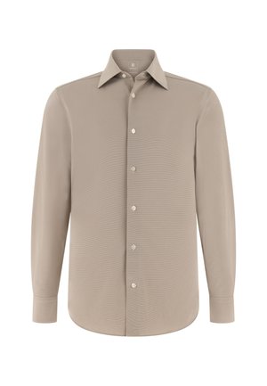 Beige overhem met lange mouwen voor mannen, met puntige kraag en knoopsluiting aan de voorkant, plat liggend weergegeven op een witte achtergrond.