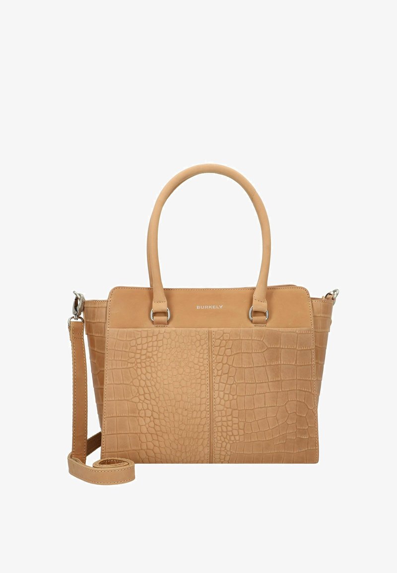 Sac en cuir tan avec texture gaufrée crocodile, deux poignées, bandoulière amovible et accents en métal argenté. Design propre et structuré.