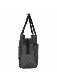 Borsa grigia in materiale testurizzato con chiusura a cerniera e due lunghe maniglie nere; presenta un delicato motivo con logo.