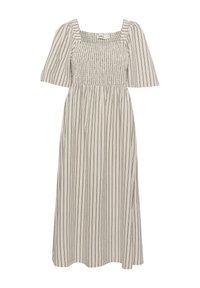 Lightweight, striped midi dress in cream and black. Features a square neckline, smocked bodice, and short puff sleeves.