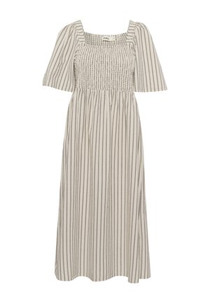 Leichtes, gestreiftes Midikleid in Creme und Schwarz. Mit einem quadratischen Ausschnitt, gerafftem Oberteil und kurzen Puffärmel.
