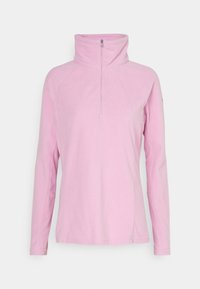 Rosa fleece-pullover med hög krage och dragkedja i nacken, med långa ärmar och en mjuk textur, perfekt för lager-på-lager.