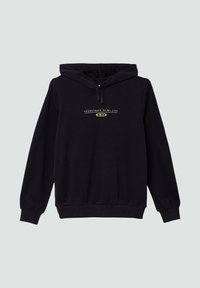 Zwarte hoodie met een voorzak, voorzien van een trekkoordkap, geribde manchetten en een logo met de tekst "SOUNDTRACK OF MY LIFE VOL. 2."