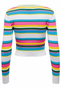 Top corto a righe colorato con maniche lunghe, realizzato in tessuto rigato. Rigature nei colori rosa, blu, giallo, verde e bianco.