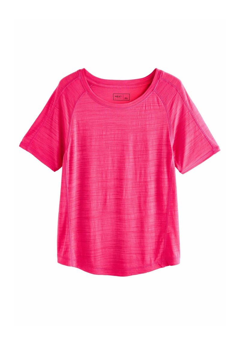 Kortærmet, rundhalset t-shirt i lys pink. Fremstillet af letvægts, tekstureret stof med et subtilt stribet mønster.