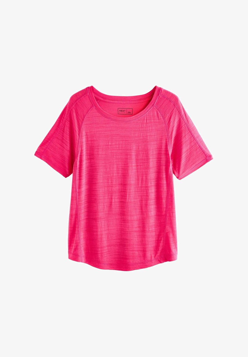 Tričko s krátkým rukávem, kulatým výstřihem v jasně růžové barvě. Vyrobeno z lehké texturované tkaniny s jemným pruhovaným vzorem.